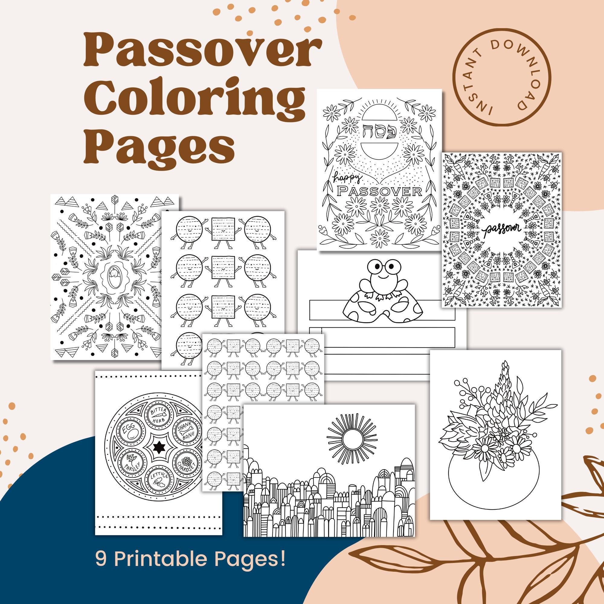 Passover coloring pages seder plate matzoh baby moses flowers jerusalem frogs headband pdf instant downloadprint at home