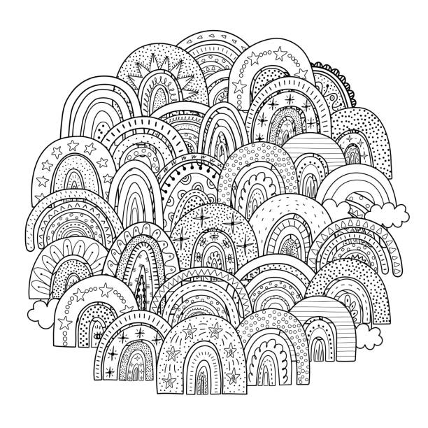 Doodle rainbows circle shape pattern for coloring book black and white magic print rainbow coloring page for adults and kids stock illustration