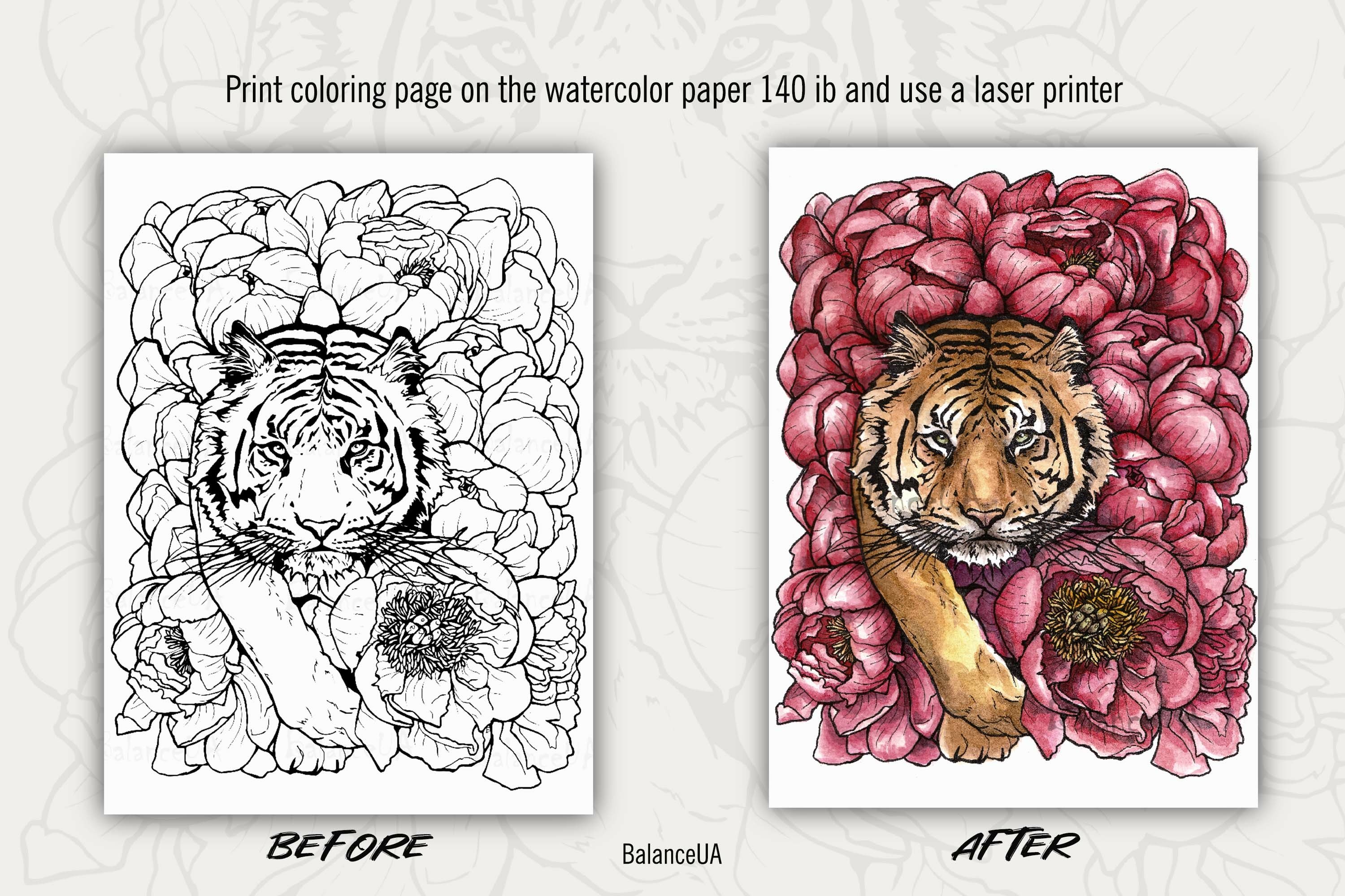 Coloring page with tiger for adults and kids