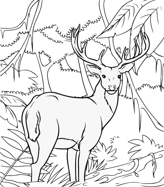 Premium vector deer in the jungle coloring page