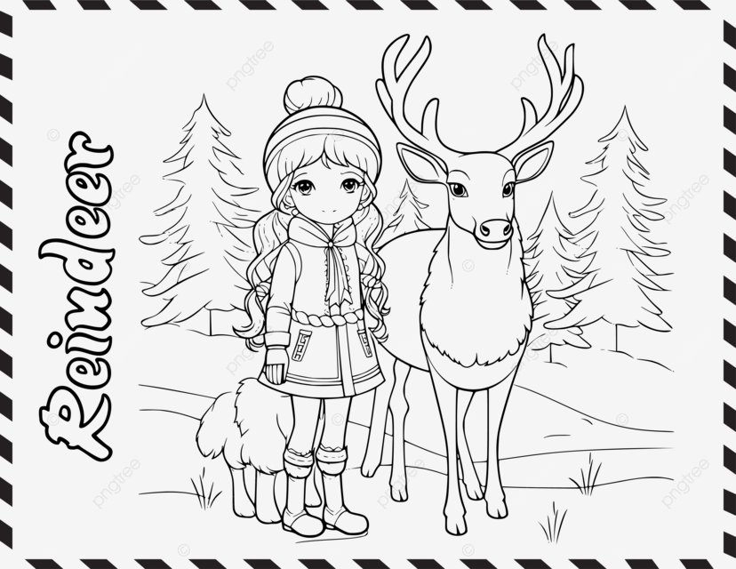 Christmas girl and reindeer coloring pages drawing for kids vector christmas reindeer coloring pages free printable christmas reindeer coloring pages white christmas png and vector with transparent background for free download