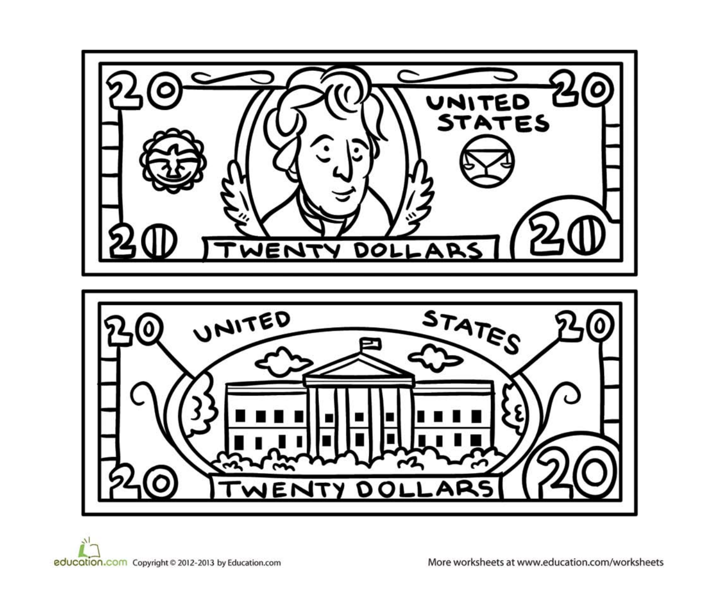 Twenty dollar bill worksheet education coloring pages cool coloring pages twenty dollar bill