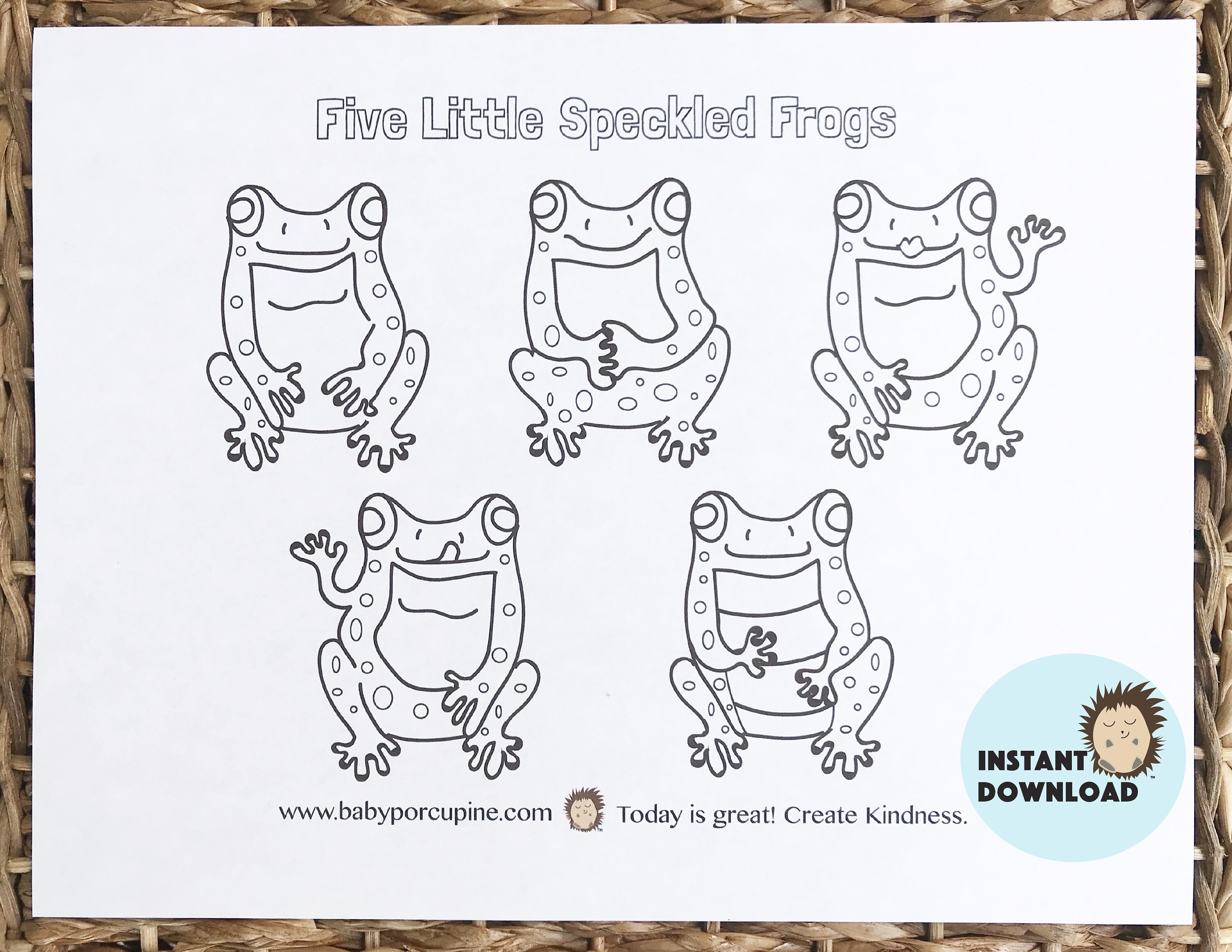 Instant download coloring page five little speckled frogs printable kids activity toddler activity learning for children
