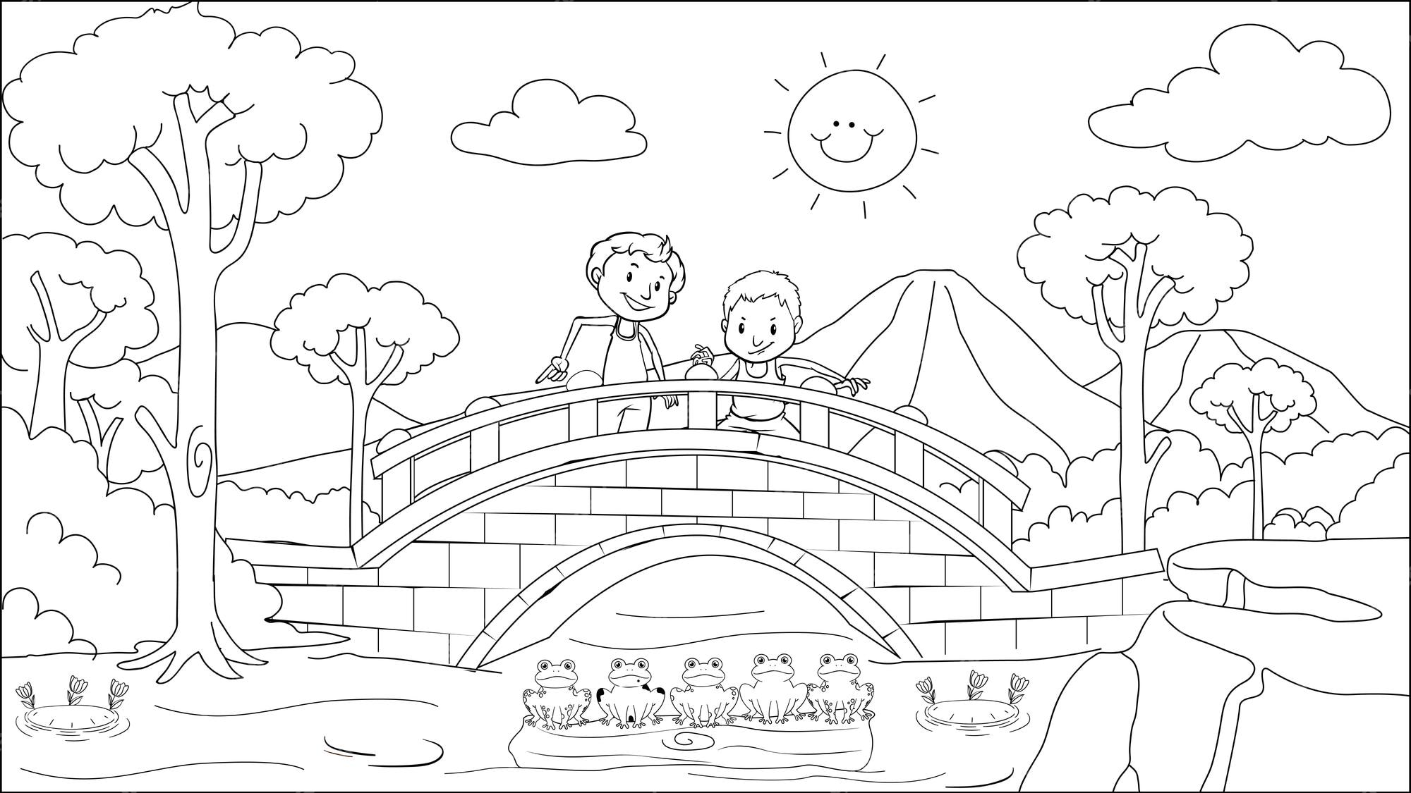 Premium vector drawing landscape five little speckled frogs