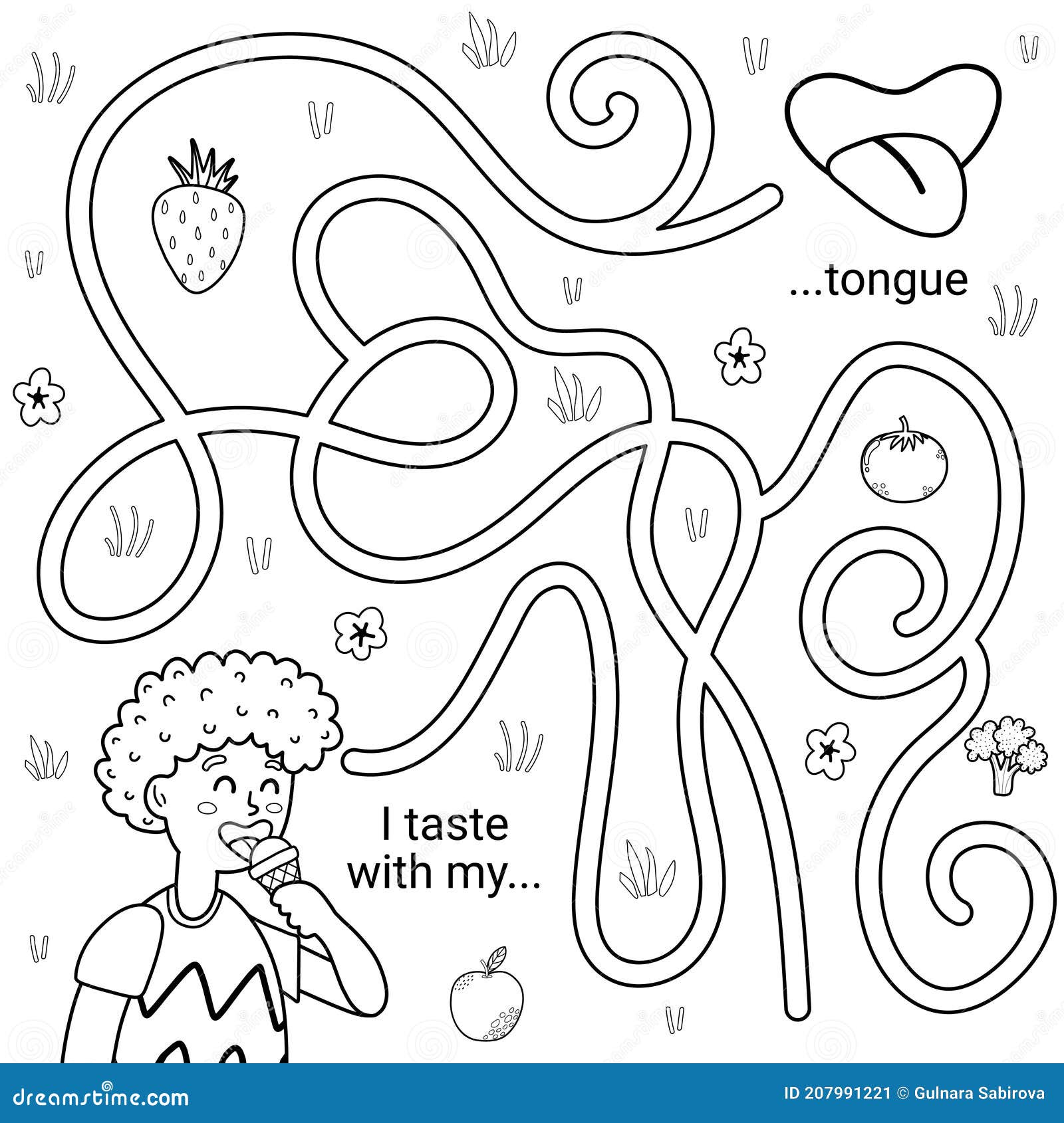 I can taste with my tongue black and white maze game for kids five senses labyrinth stock vector