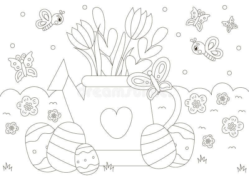 Cute coloring page for spring holidays with watering can and flowers in scandinavian style stock vector