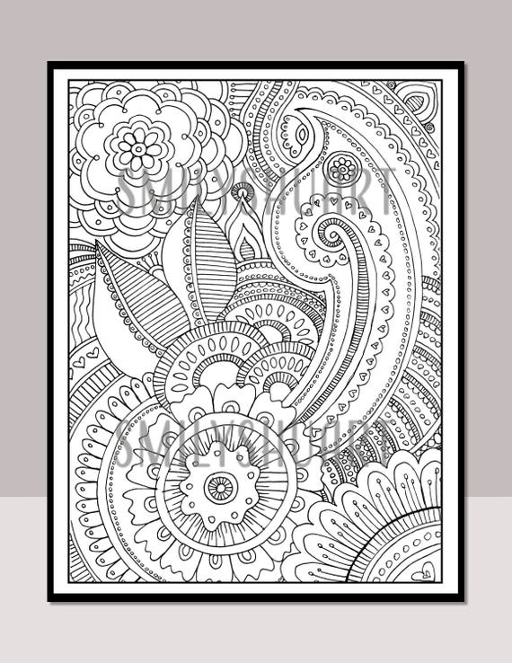 Abstract floral design printable adult coloring page zentangle doodle art digital download calm relaxing art therapy