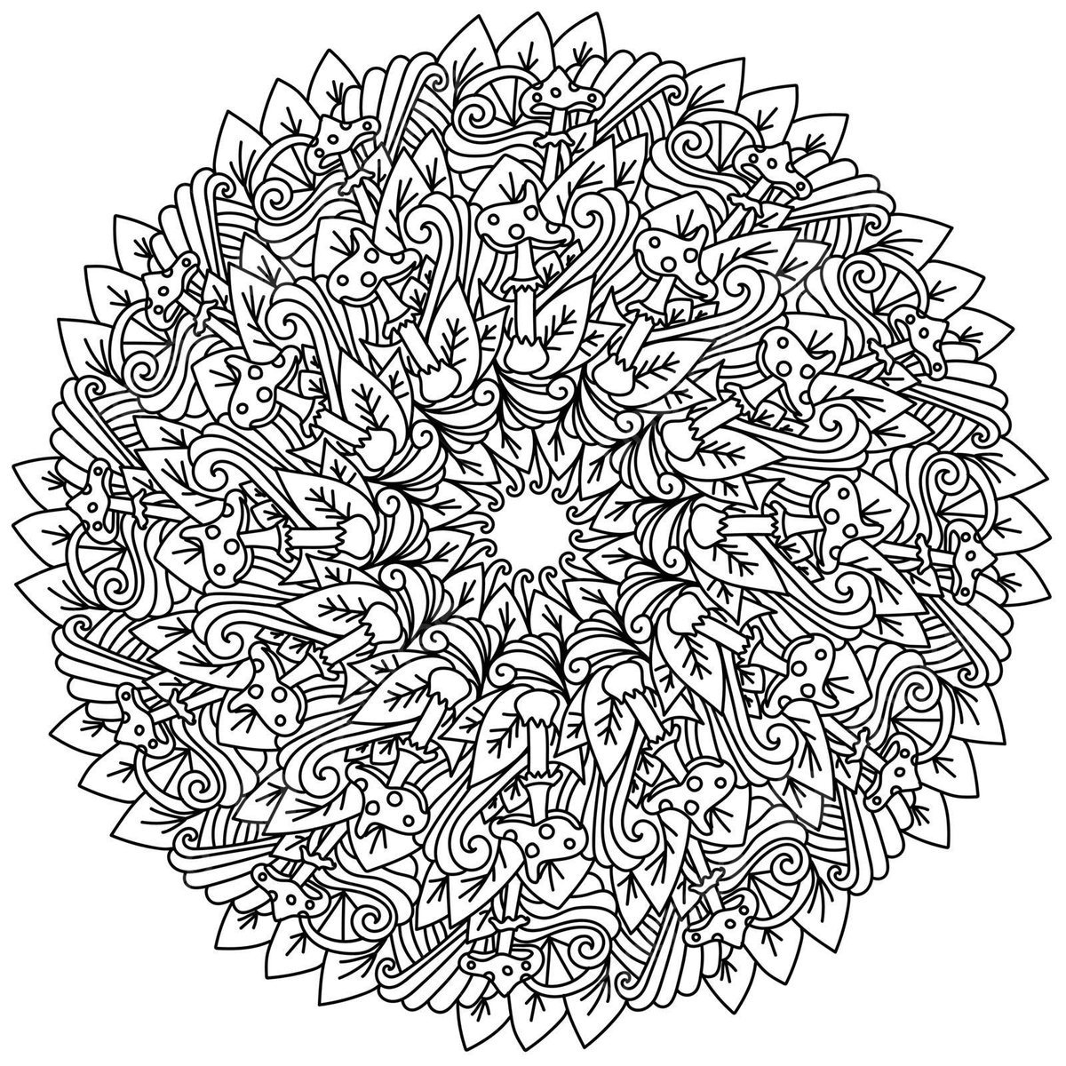 Fantastical foliage an abstract coloring page featuring a contour mandala adorned with mushrooms leaves and other imaginative motifs vector mushroom drawing leaves drawing man drawing png and vector with transparent background for