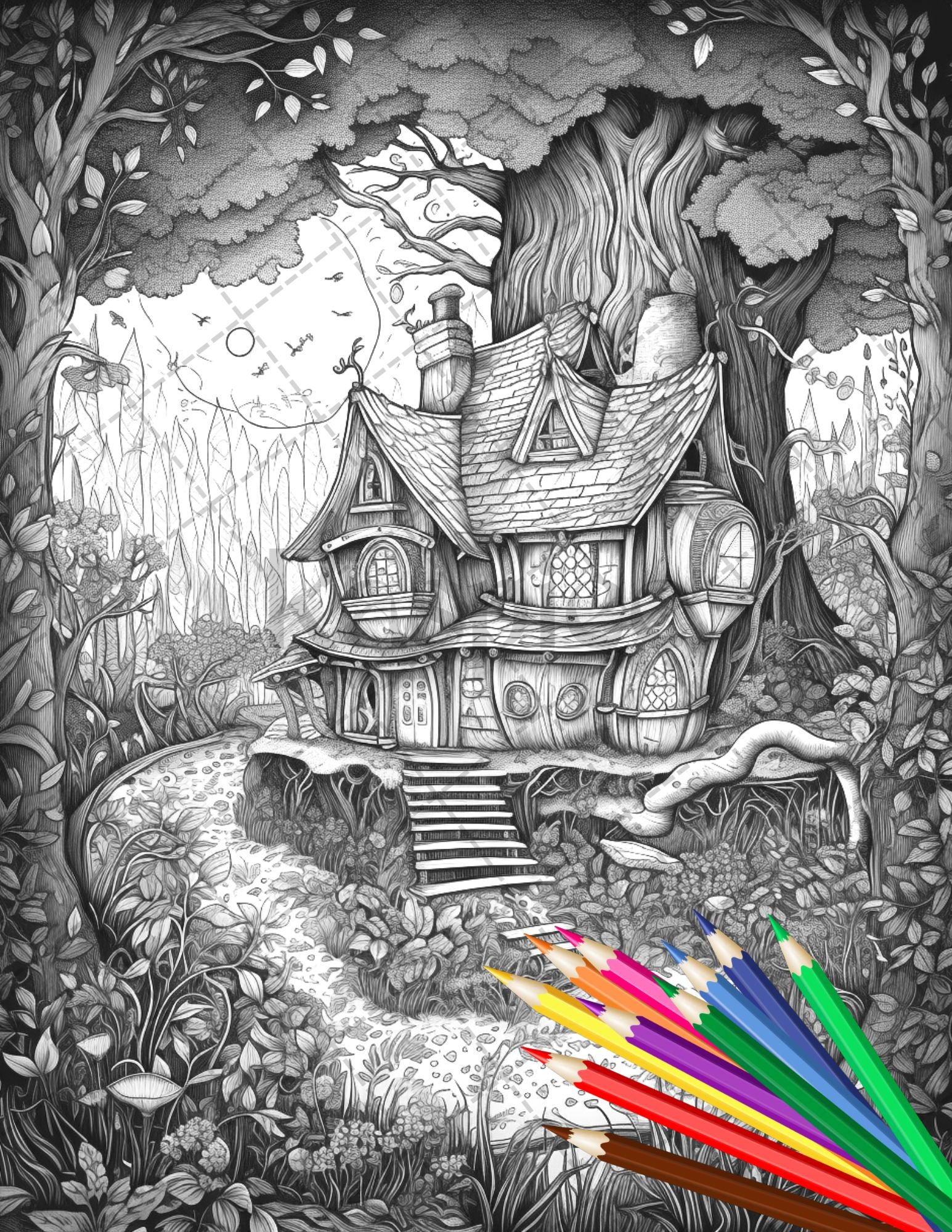 Fantasy fairy houses coloring page book printable adult coloring p â coloring