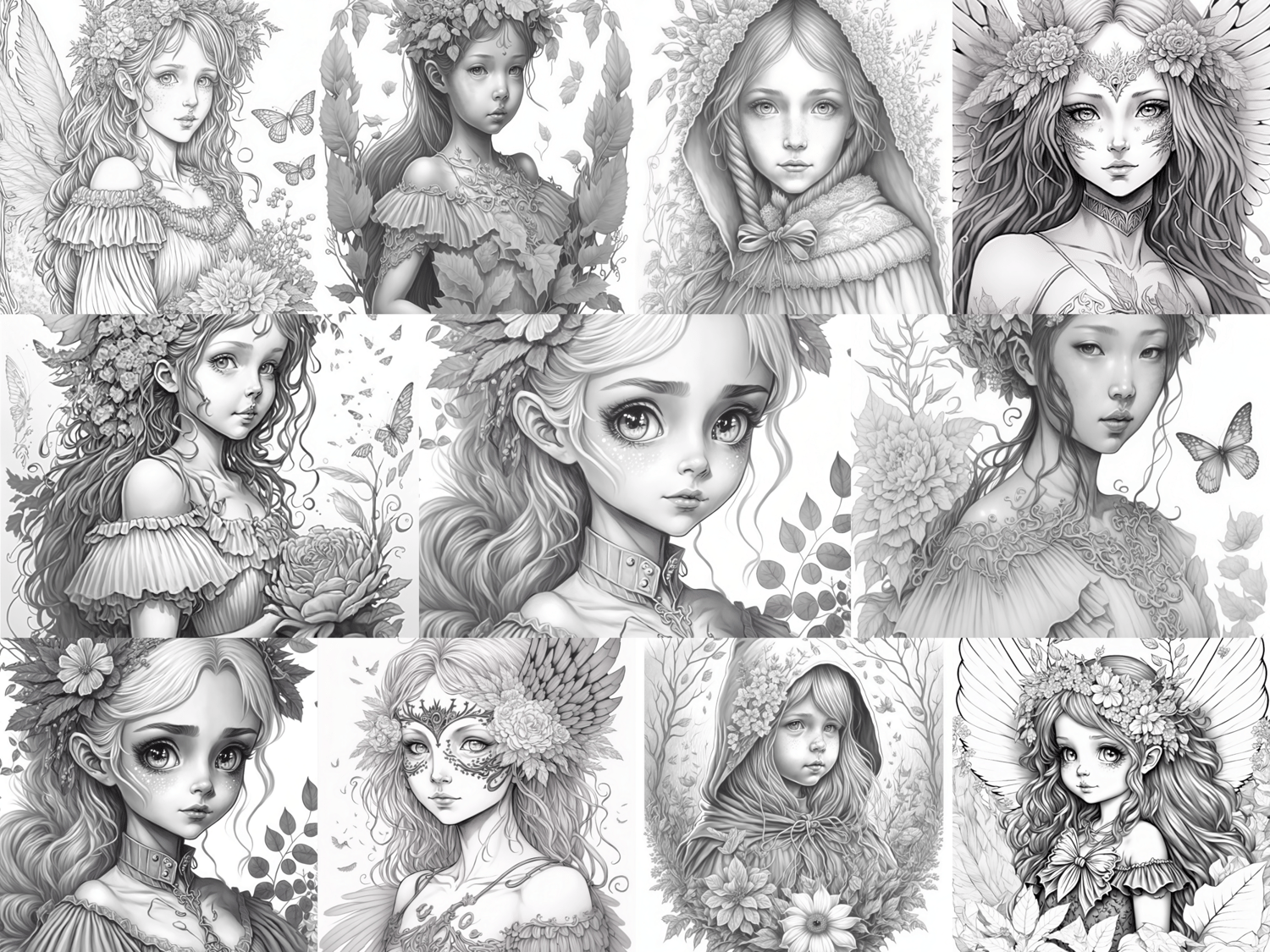 Beautiful fairies coloring pages dark forest printable adult coloring pages download grayscale illustration fairy gnomes