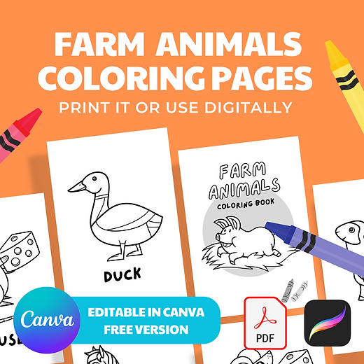 Printable and editable farm animal coloring pages for kids or adults