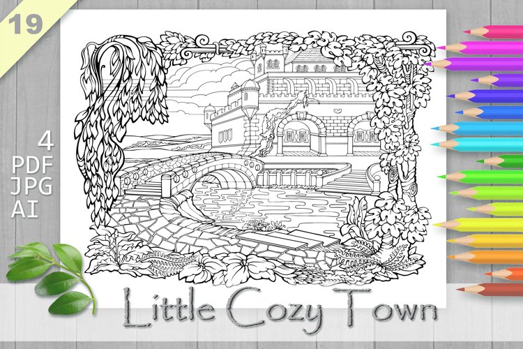 Cozy town coloring page printable aesthetic