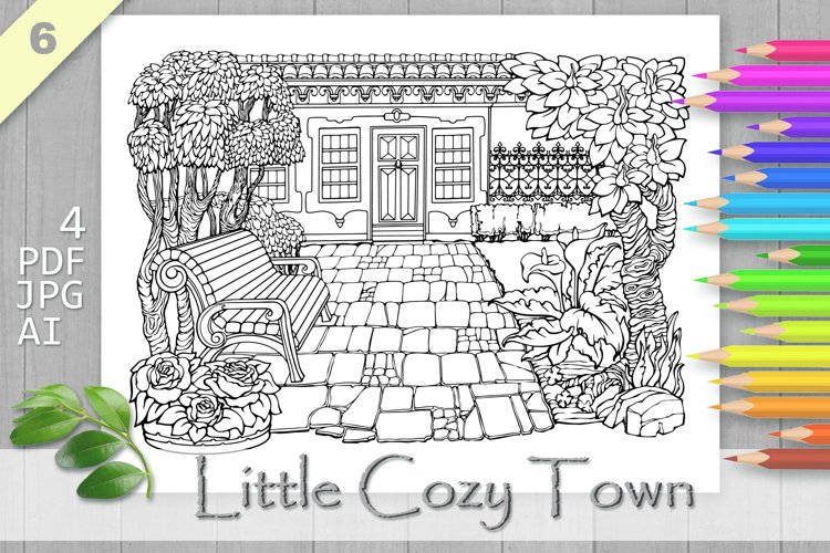 Cozy town coloring page printable aesthetic