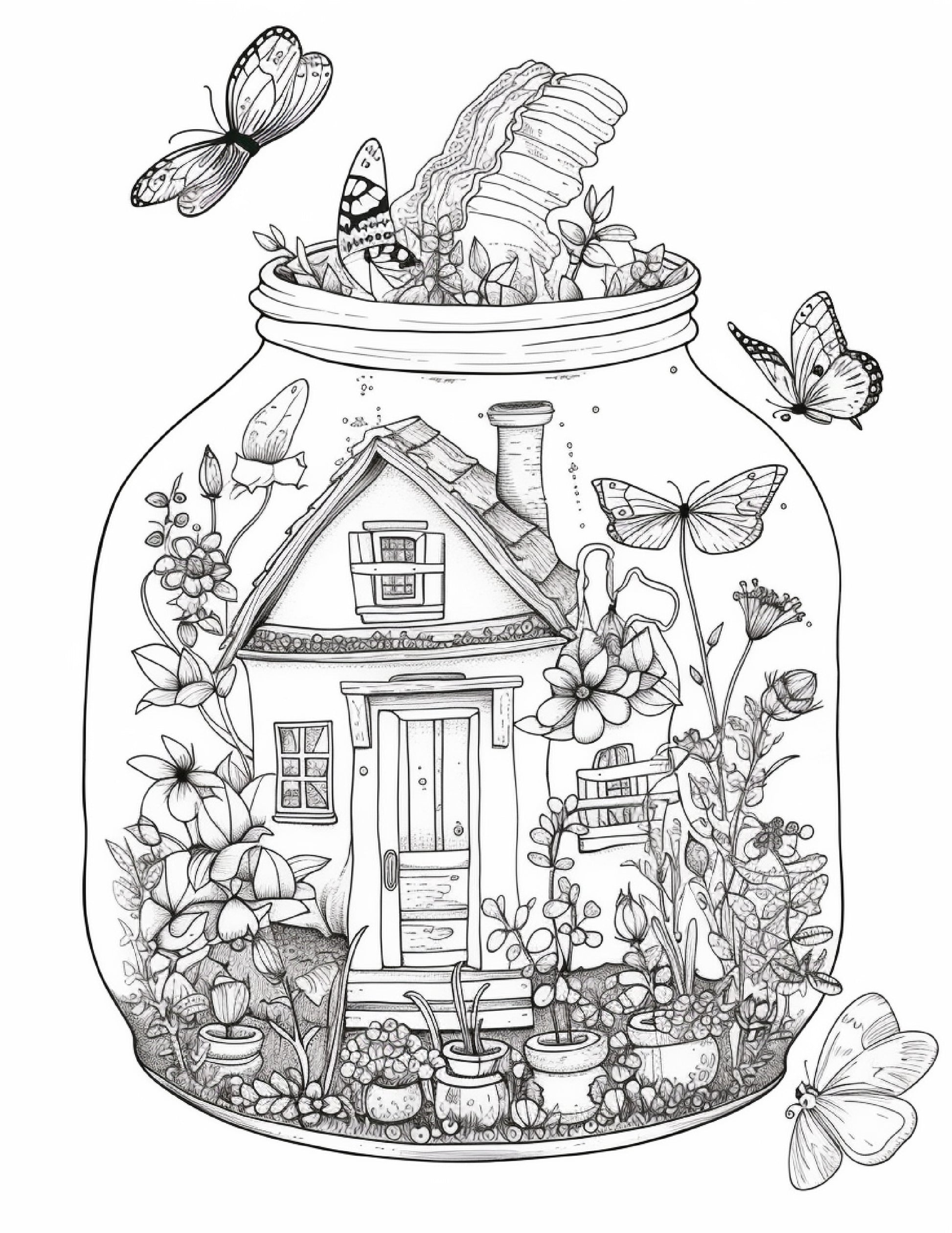 Printable fairy houses in jar coloring pages for adults grayscale â coloring