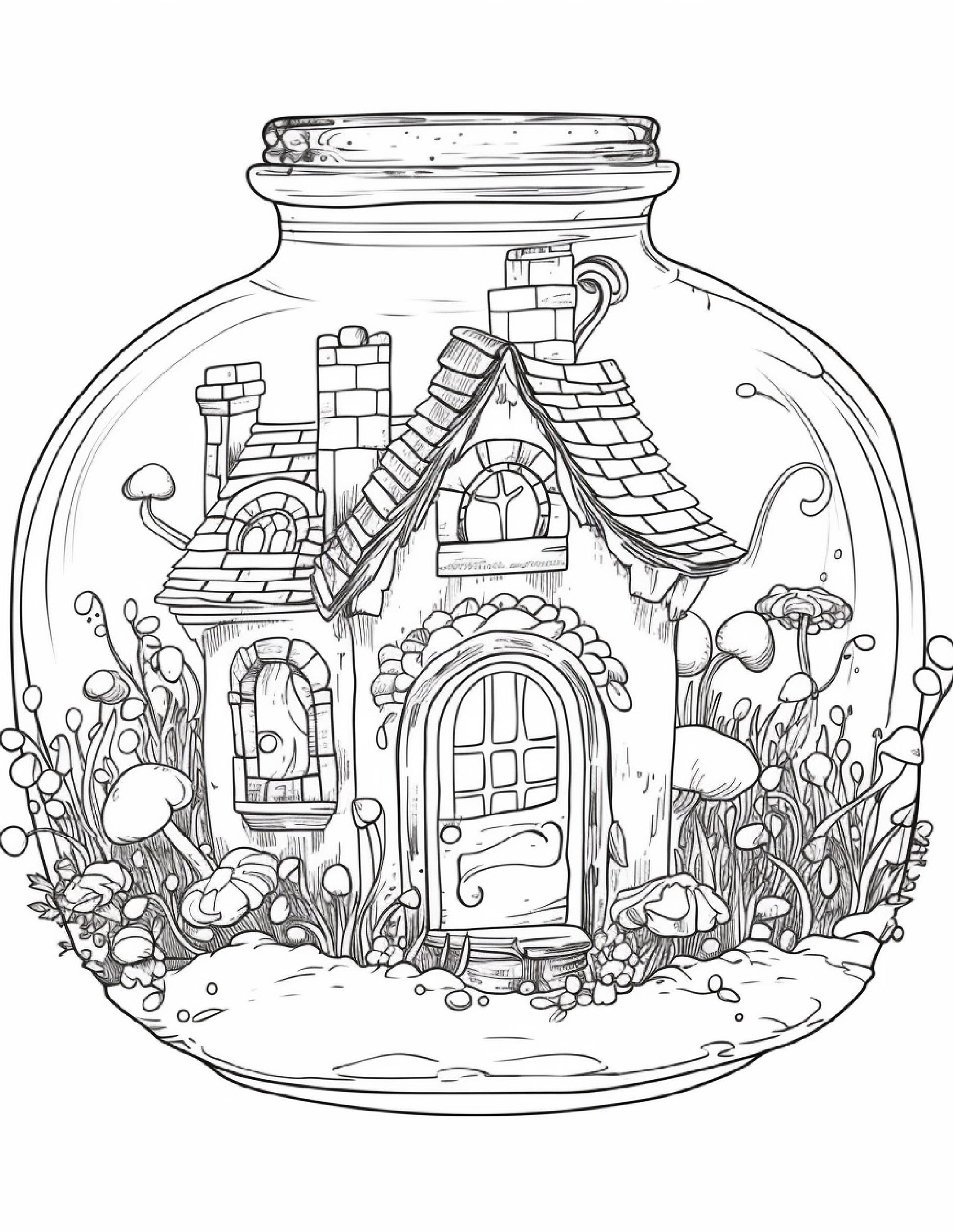 Printable fairy houses in jar coloring pages for adults grayscale â coloring