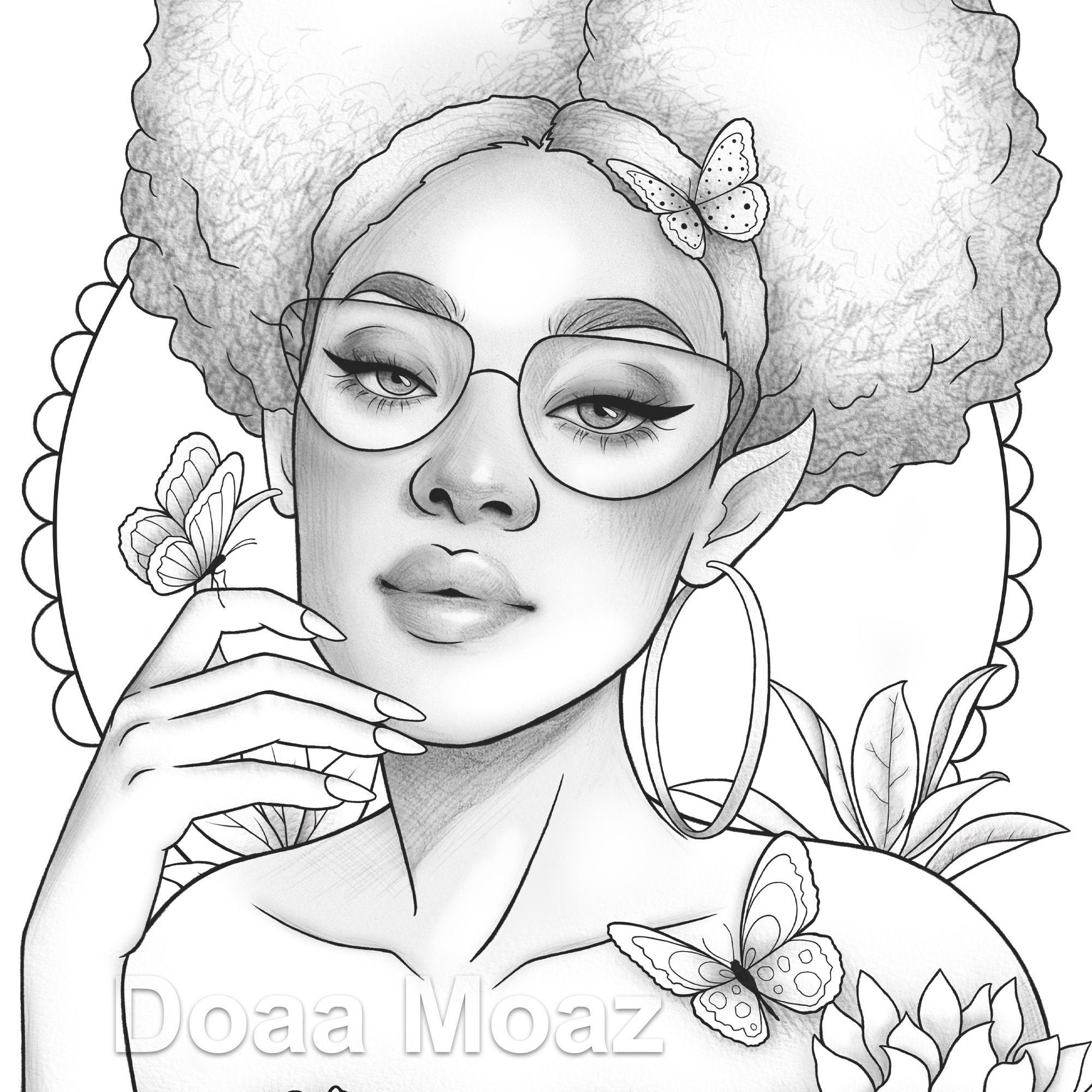 Printable coloring page black girl floral butterfly portrait