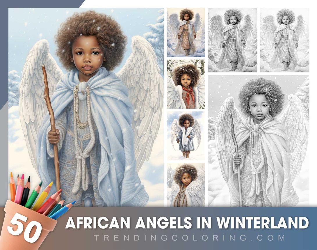 African angels in winterland grayscale coloring pages