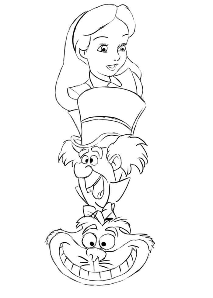 Alice mad hatter and cheshire cat coloring page
