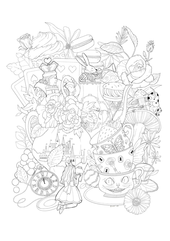 Printable coloring design for adults alice in wonderland princess fairytale tea party