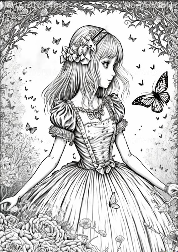 Anime alice in wonderland with cheshire cat coloring page printable adult coloring pages download black and white illustration
