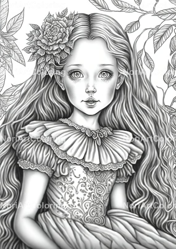 Alice in wonderland coloring pages beautiful girls with gorgeous hair and dress printable adult coloring pages grayscale coloring