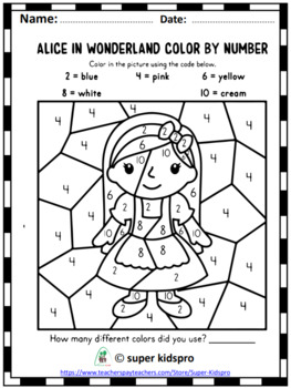 Printable alice in wonderland color by number by super kidspro tpt