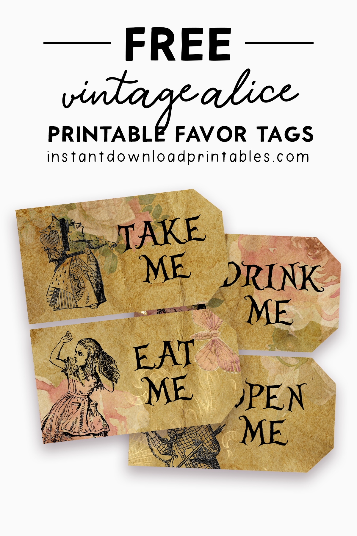 Free alice in wonderland vintage flowers tags