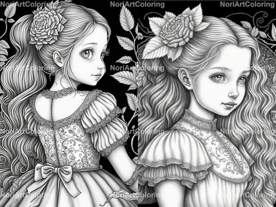 Alice in wonderland coloring pages beautiful girls with gorgeous hair and dress printable adult coloring pages grayscale coloring instant download