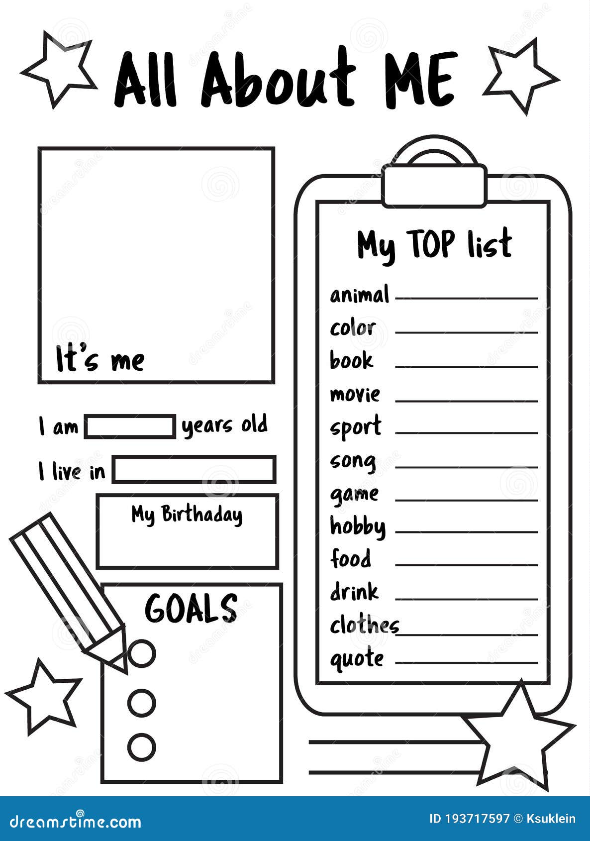 All about me writing prompt for kids educational children page back to school theme stock vector