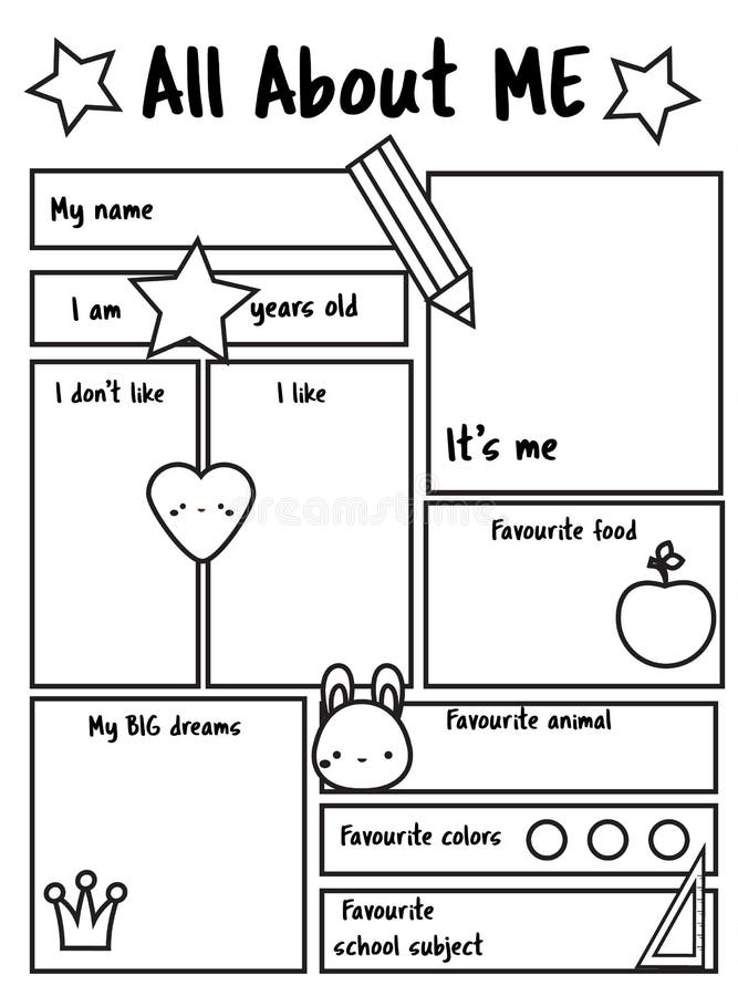 All about me printable sheet writing prompt for kids blank educational children page stock vector