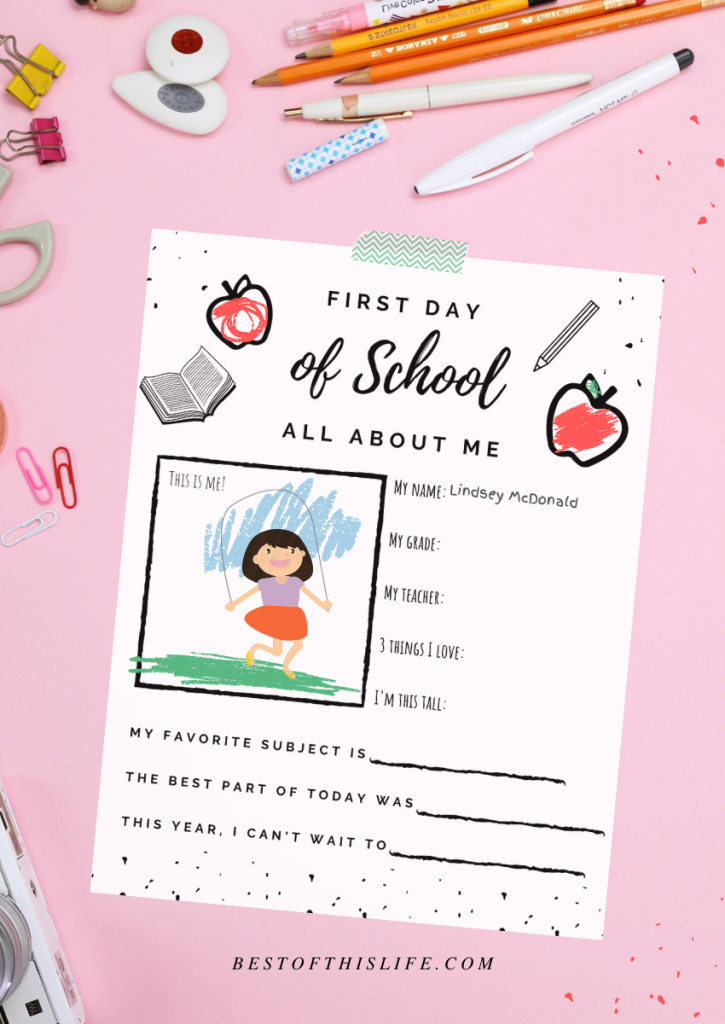 All about me free printable for the first day of school