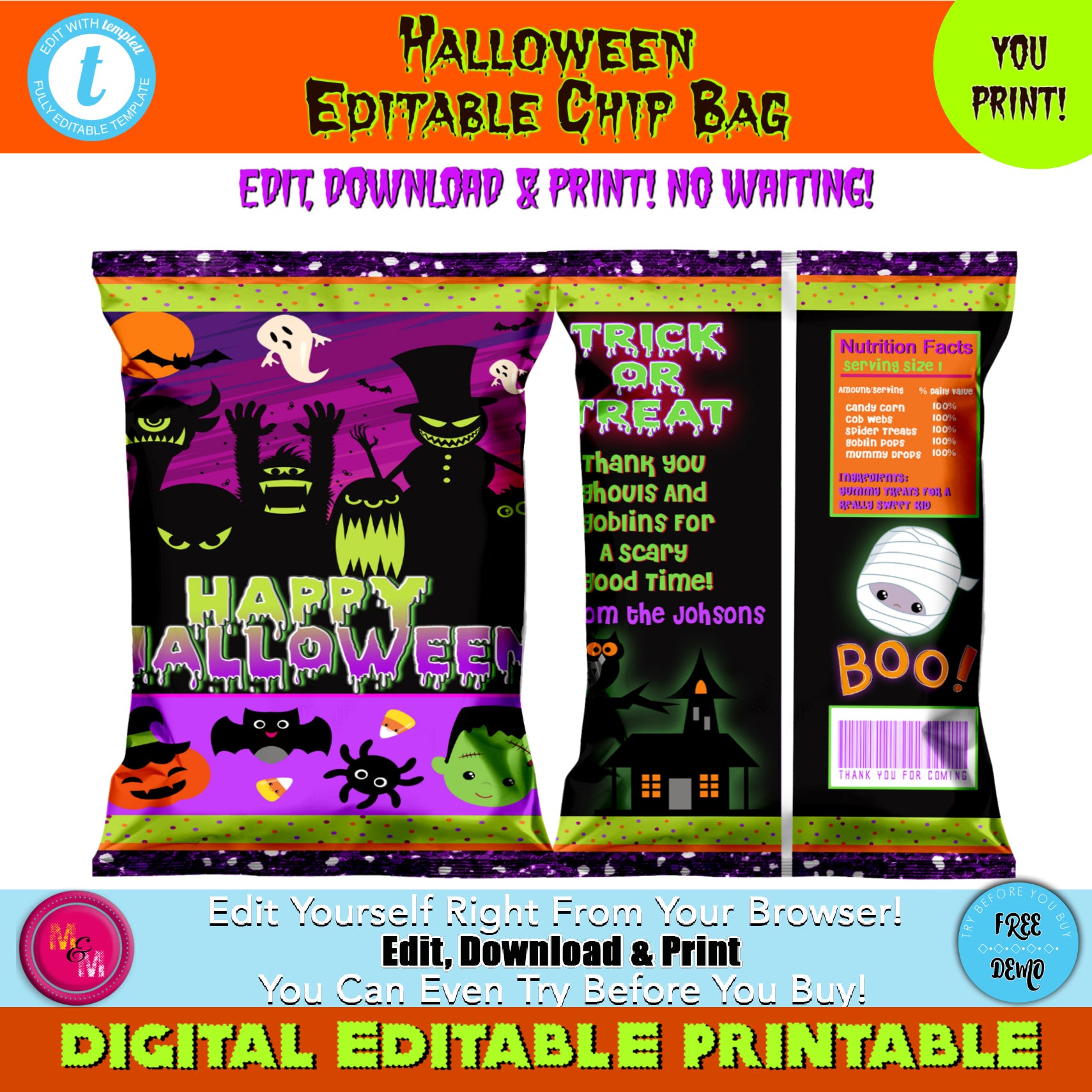 Editable halloween chip bag printable halloween party chip bag hallo â mugmouse designs