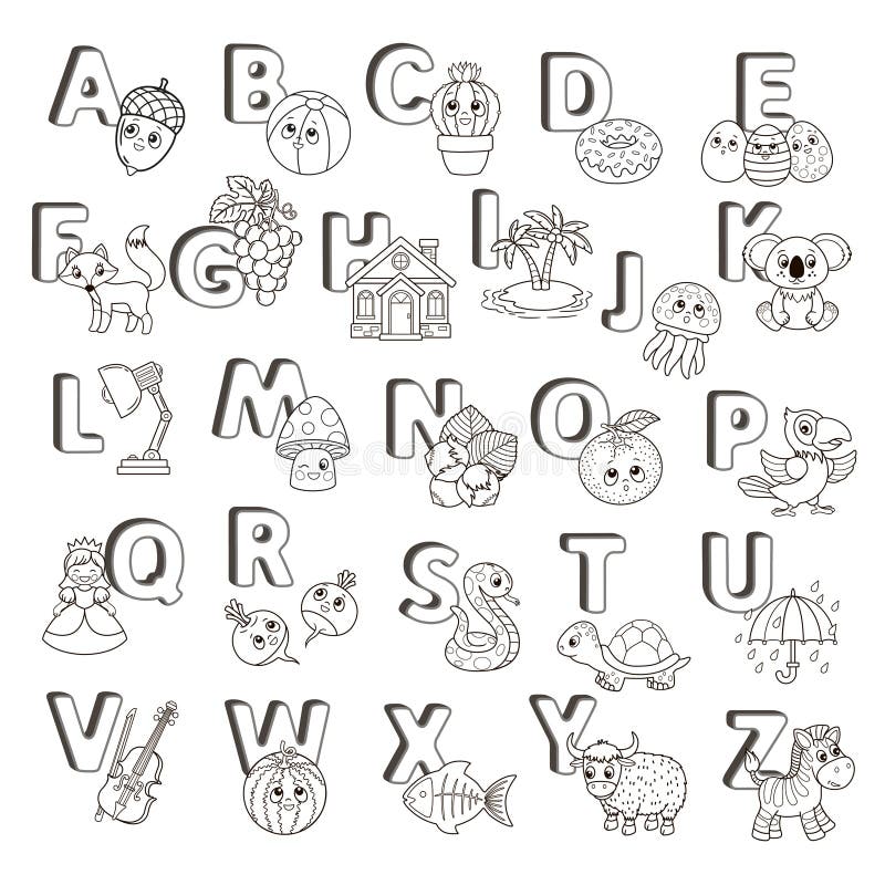 Vector abc poster capital letters of the english alphabet with cute cartoon zoo animals and things coloring page for stock vector