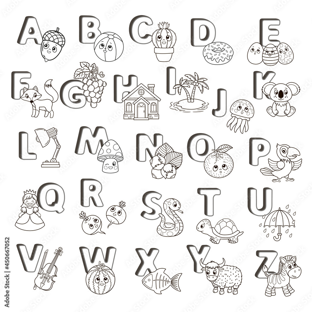 Vector abc poster capital letters of the english alphabet with cute cartoon zoo animals and things coloring page for kindergarten and preschool education cards for study english vector