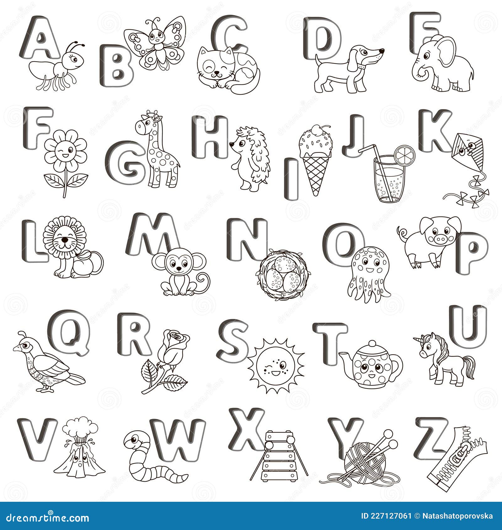Vector abc poster capital letters of the english alphabet with cute cartoon animals and things coloring page for stock illustration