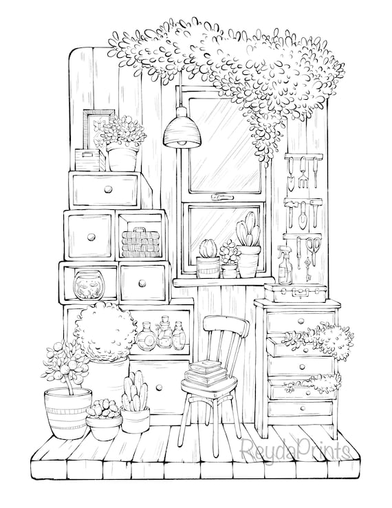 Atelier interior coloring pages cozy plants room furniture procreate jpg png letter size pages reydaprints instant download