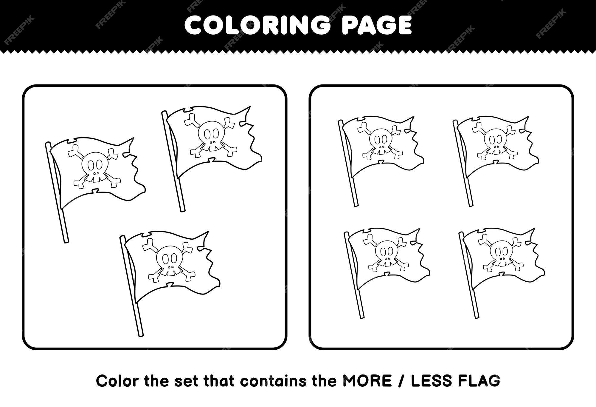 Premium vector education game for children coloring page more or less picture of cute cartoon flag line art set printable pirate worksheet