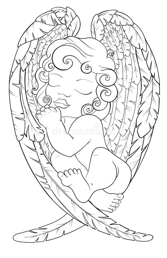 Coloring page for adult kids coloring book notebook with sleeping baby angel on his wings christmas boy black and white stock vector