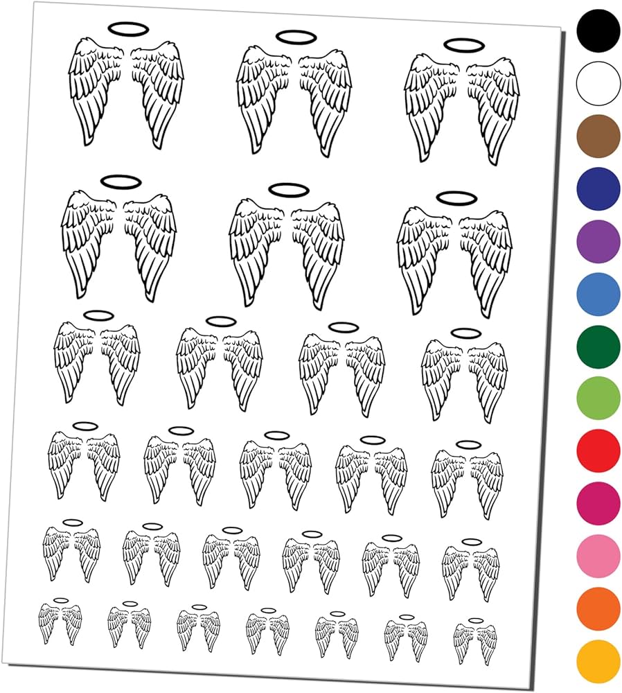 Folded angel wings with halo feathers temporary tattoo water resistant fake body art set collection