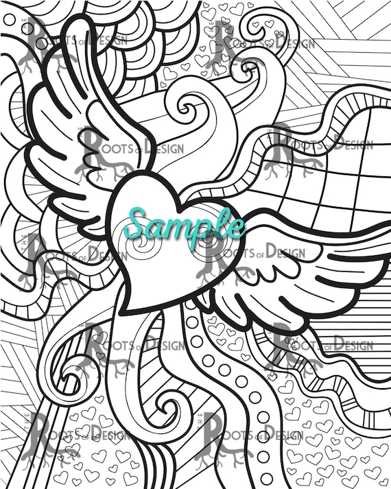 Instant download coloring page flying heart wings coloring print doodle art printable download now