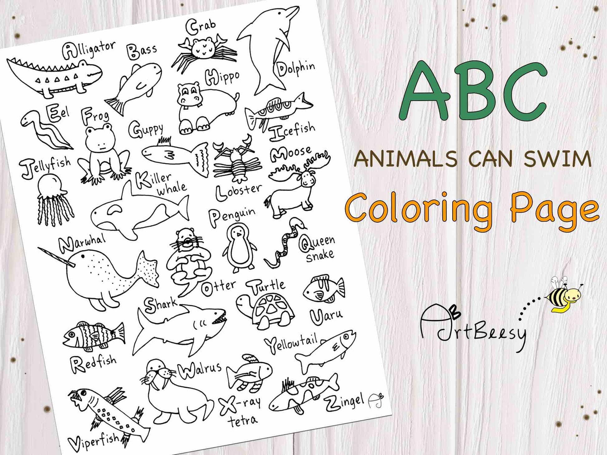 Abc animals can swim printable coloring page â