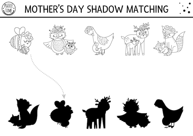 Premium vector mothers day black and white shadow matching activity for children fun spring line coloring page with cute mother and baby animals family love game for kids find correct silhouette