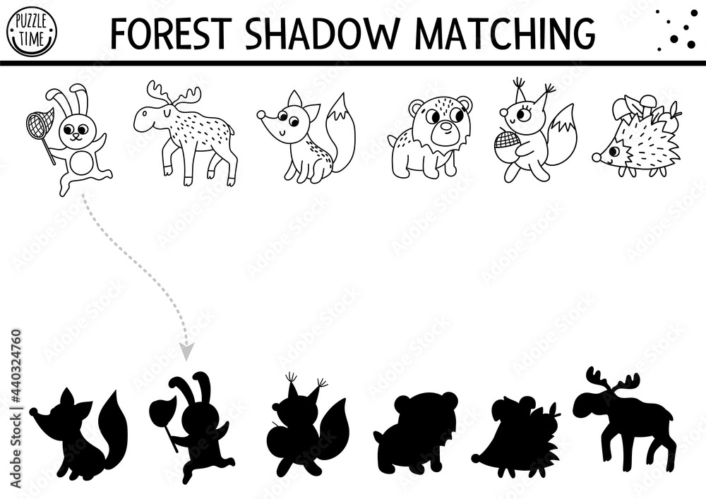 Forest or camping black and white shadow matching activity with cute animals road trip outline puzzle with moose fox bear rabbit find the correct silhouette printable worksheet or coloring page vector