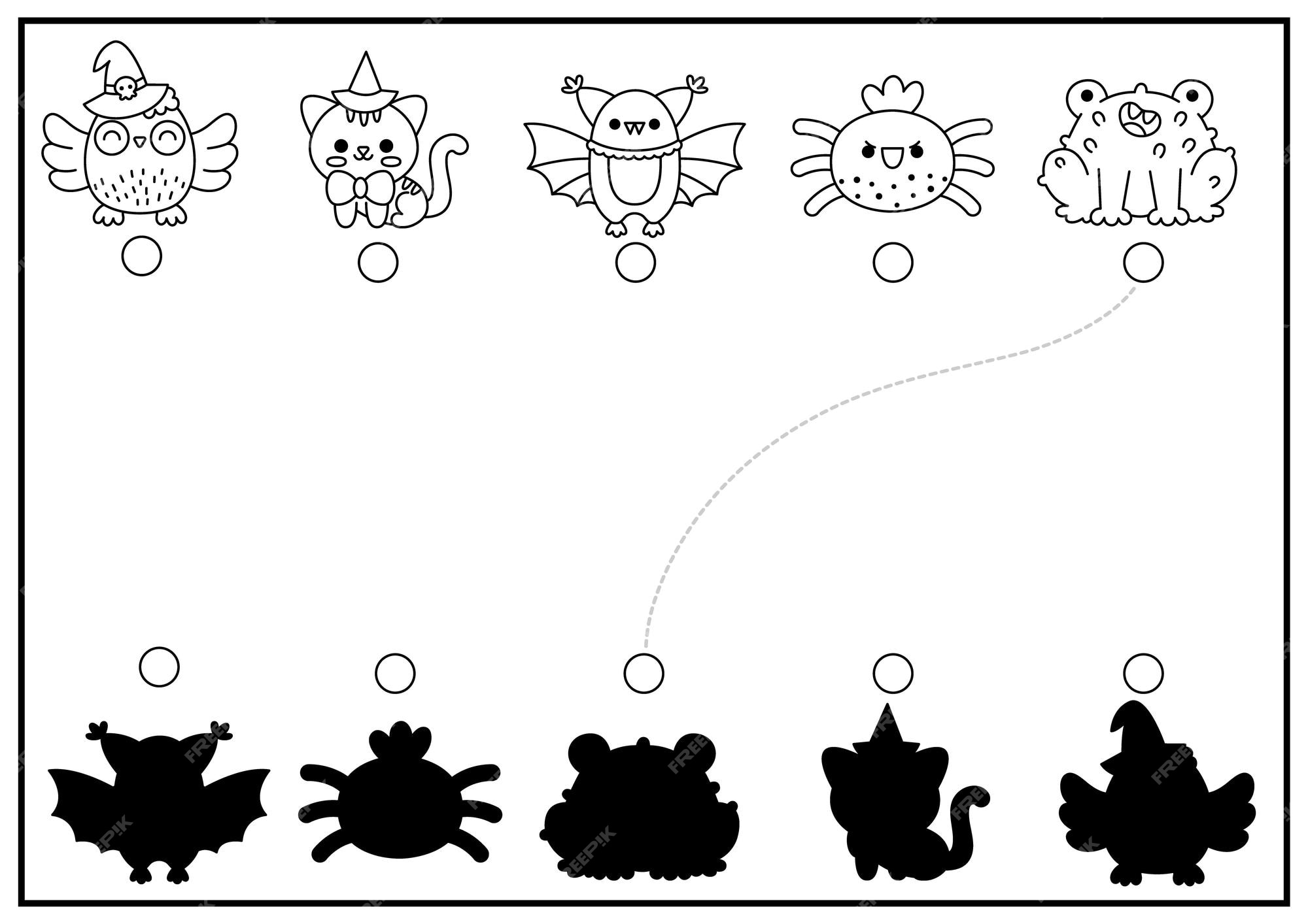 Premium vector halloween black and white shadow matching activity autumn holiday puzzle with cute kawaii animals find correct silhouette printable worksheet trick or treat coloring page for kids with cat owl