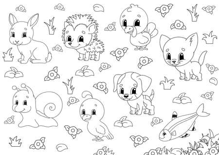 Coloring book for kids animal clipart cheerful characters vector illustration cute cartoon style black contour silhouette isolated on white background