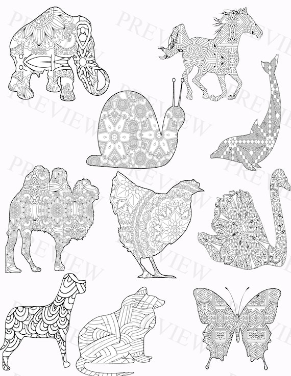 Kdp interior mandala animals x elephant horse snail camel chicken swan dog cat coloring pages pdf low content books