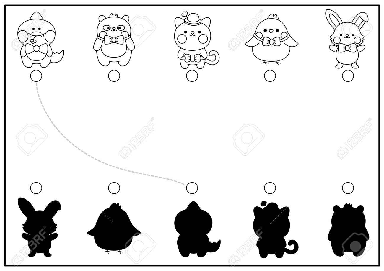 Easter black and white shadow matching activity with cute kawaii animals spring holiday shape recognition puzzle find correct silhouette printable worksheet garden coloring page royalty free svg cliparts vectors and stock illustration