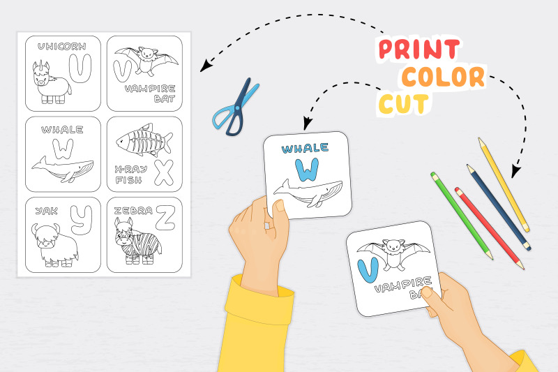 Alphabet flashcards coloring pages with animals print color cut glue by essskina