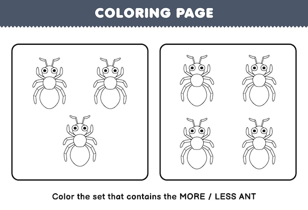 Premium vector education game for children coloring page more or less picture of cute cartoon ant line art set printable bug worksheet