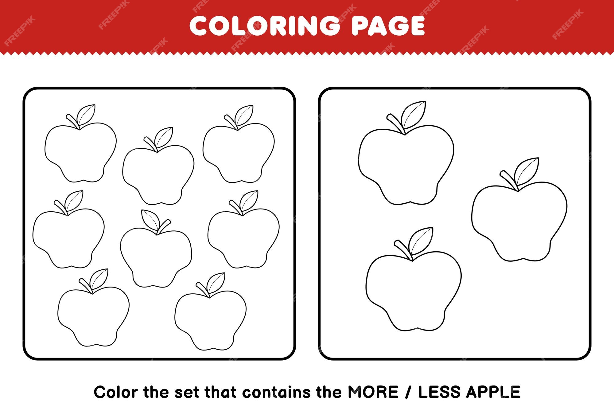 Premium vector education game for children coloring page more or less picture of cartoon apple fruit line art set printable worksheet